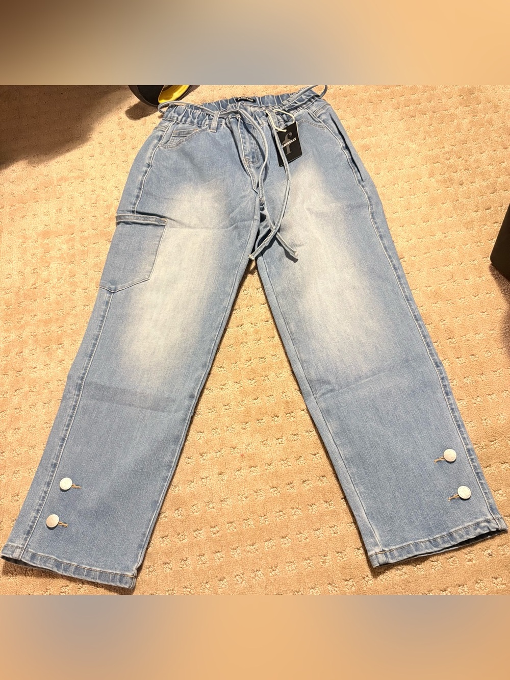 Flamingals Straight Leg Cropped Jeans Mid Rise Button Hem Belted Stretchy Baggy - Picture 6 of 7